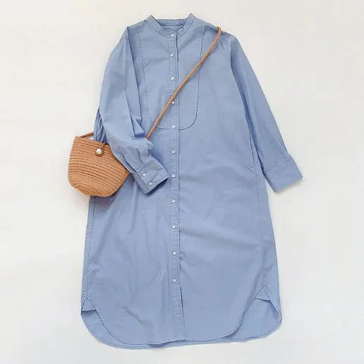 「ボタン」シンプル 無地 着痩せ効果 カジュアル ナチュラル 平日 長袖 ラウンドネック ストレート シャツワンピース