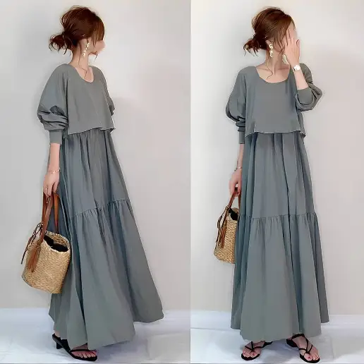 早い者勝ちです! 無地 ギャザー レイヤード / 重ね着風 ランタンスリーブ 長袖 フェミニン ワンピース