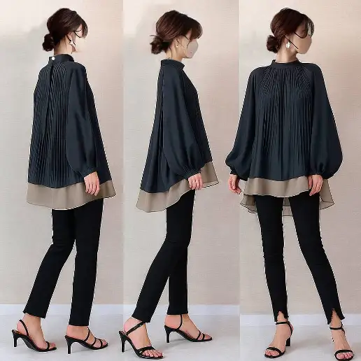 『今売れてます!』 スタンドネック ギャザー ランタンスリーブ 長袖 配色 カジュアル シャツ