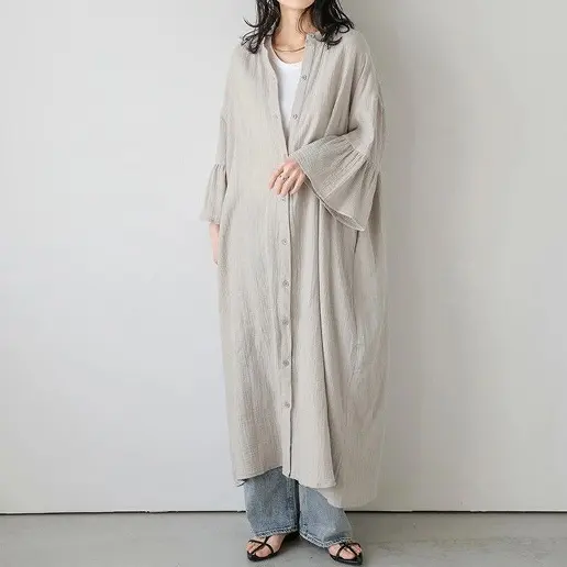 No.1 人気商品 七分袖 無地 ストレート ボタン フレア袖 カジュアルワンピース