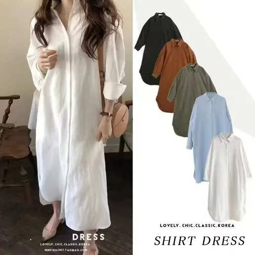 人気上昇中 無地 POLOネック 長袖 シングルブレスト ボタン シャツワンピース