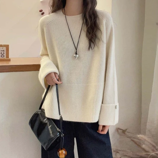 大流行新作 ボタン 長袖 無地 プルオーバー ラウンドネック シンプル ニットセーター