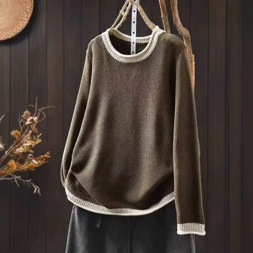 お買い得！ 長袖 切り替え 配色 プルオーバー ラウンドネック カジュアル ニットセーター