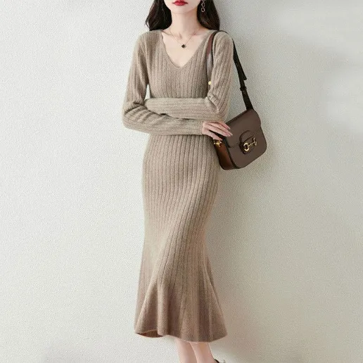 「早い者勝ちです!」無地 Vネック 長袖 Aライン ロング カジュアル マーメイド ニットワンピース