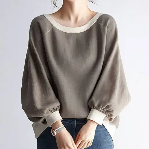 一番安い新作 配色 ドルマンスリーブ 九分袖 ラウンドネック 切り替え シンプル シャツ