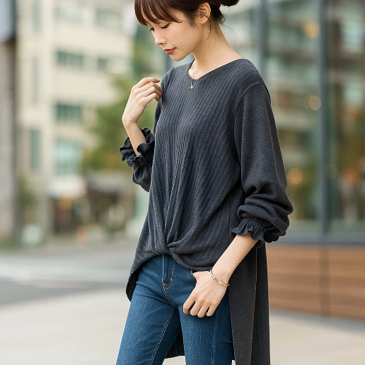 大人のお洒落をキャッチ! 切り替え ラウンドネック ランダムティアード 無地 長袖 シンプル ニット