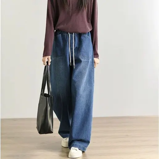 新商品 ロング丈 ポケット付き 無地 ハイウエスト カジュアル デニム