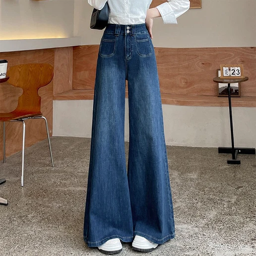 着回し自在！ 伸縮性あり ビックシルエット ハイウエスト ロング丈 無地 ファッション ジーンズ デニム