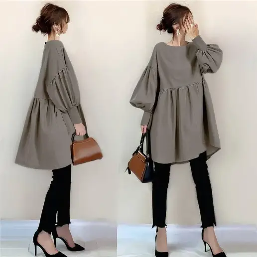 毎日参考になる！ ランタンスリーブ 長袖 中長 ラウンドネック 無地 シンプル シャツ