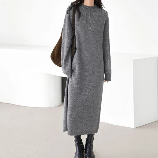 毎日モテ続けちゃう！ プルオーバー 長袖 ラウンドネック 無地 ストレート ファッション ニットワンピース