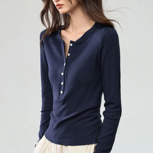 「一番安い新作」長袖 無地 ボタン Vネック ボタン シンプル 着痩せ効果 カジュアル Tシャツ