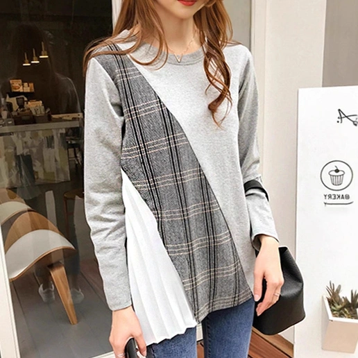 着回し自在！ 切り替え チェック柄 ギャザー 無地 長袖 ファッション Tシャツ