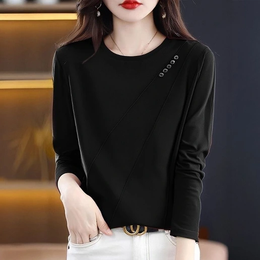 好感度UP ラウンドネック 無地 ニット ボタン 長袖 シンプル Tシャツ