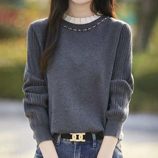 毎日参考になる！ ビーズ ラウンドネック ニット 無地 長袖 カジュアル ニットセーター