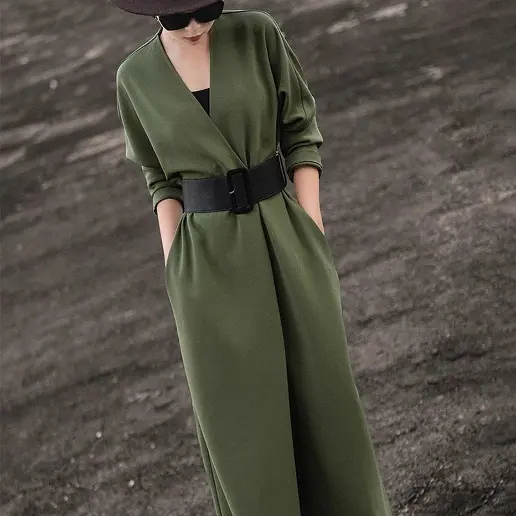 早い者勝ちです! ポケット付き ストレート 長袖 ベルト付き 無地 ファッション ワンピース