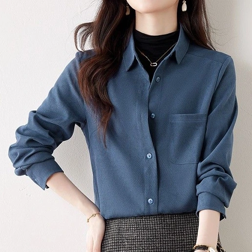 大人女子必見! ボタン 折り襟 無地 シングルブレスト 長袖 ファッション シャツ