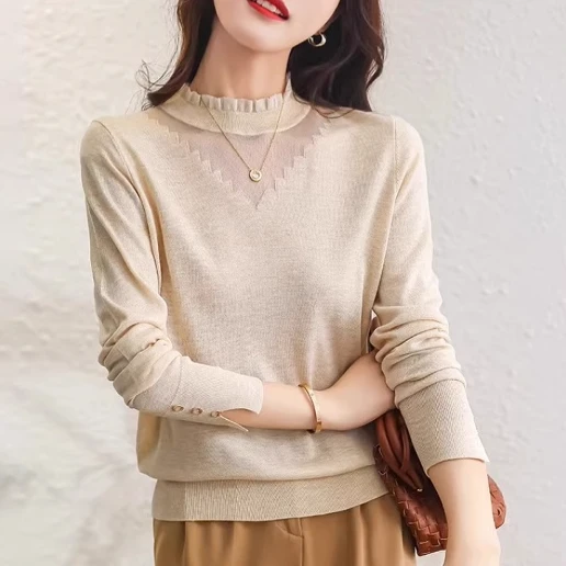 女性らしさ全開♡ 通勤 スタンドネック 切り替え 長袖 無地 シンプル ニットセーター