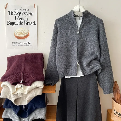 今季人気 無地 ニット 長袖 折り襟 ファスナー カジュアル ニットセーター