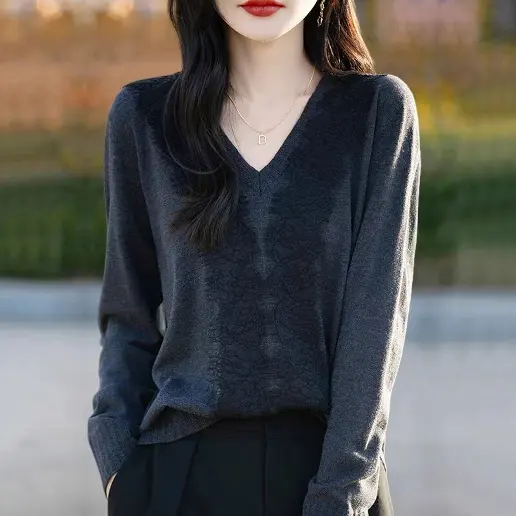 人気商品 Vネック 長袖 プルオーバー レース 無地 カジュアル ニットセーター