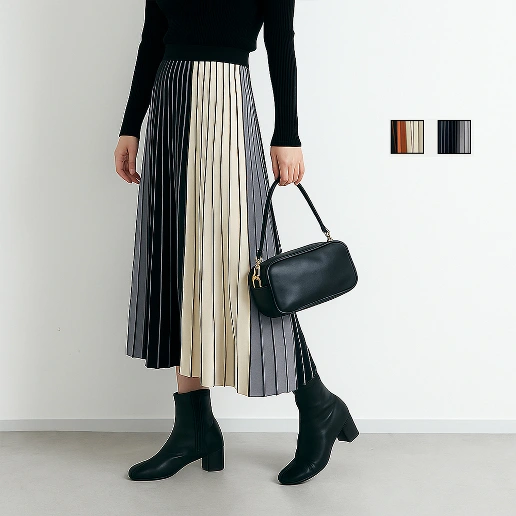 存在感抜群 Aライン ギャザー 配色 骨格ウェーブ 柔軟加工 シンプル スカート