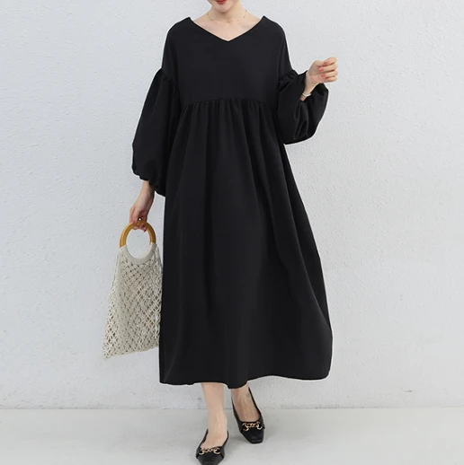 トレンドアイテム ランタンスリーブ Vネック Aライン 無地 長袖 シンプル カジュアルワンピース