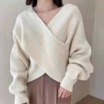流行の予感 切り替え 長袖 無地 Vネック プルオーバー ファッション ニットセーター