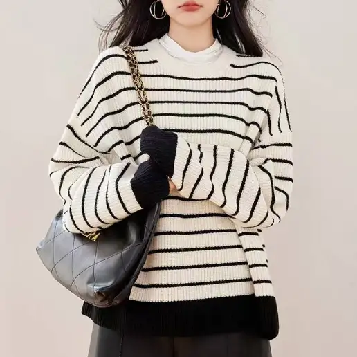 「ラウンドネック」ボーダー 長袖 プルオーバー カジュアル 新品殺到中 キレイ見え ニットセーター