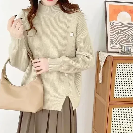 新品登場☆オススメ ハーフネック 長袖 無地 ボタン ニット ファッション ニットセーター