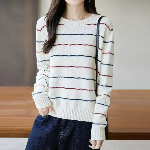 雑誌に掲載された ラウンドネック 平日 ビックシルエット ボーダー 長袖 カジュアル ニットセーター