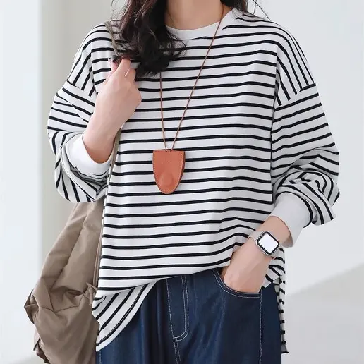 お買い得！ ラウンドネック ボーダー ビックシルエット 長袖 切り替え カジュアル Tシャツ