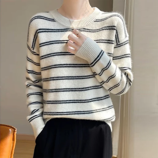 リピー数高 ニット ラウンドネック プルオーバー 長袖 ボーダー ファッション ニットセーター
