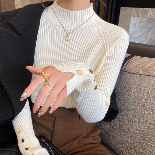 女性に大人気 長袖 無地 プルオーバー ハーフネック ボタン ファッション ニットセーター