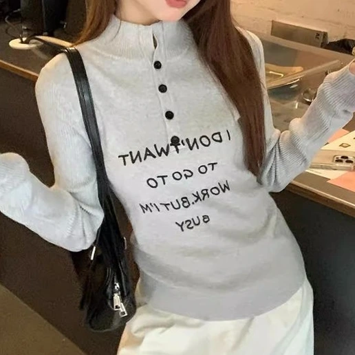 人気上昇中 アルファベット 長袖 ニット ボタン ハーフネック ファッション ニットセーター