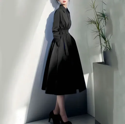 毎日参考になる！ 通勤 長袖 Aライン 無地 折り襟 レトロ シャツワンピース