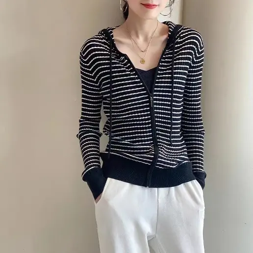 今季大注目 ボーダー フード付き ファスナー 無地 長袖 カジュアル ニットセーター