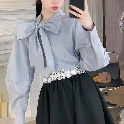 『大人が着たいアイテム』 長袖 ランタンスリーブ 折り襟 リボン 無地 レトロ シャツ