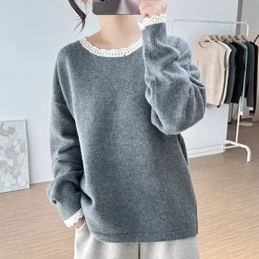 『今売れてます!』 切り替え ラウンドネック 無地 長袖 レース カジュアル ニットセーター