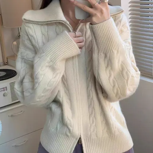 新登場 ジッパー 折り襟 長袖 ファスナー 無地 カジュアル ニットセーター