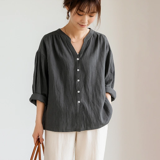 『今売れてます!』 無地 レギュラー丈 ギャザー 七分袖 ボタン カジュアル シャツ