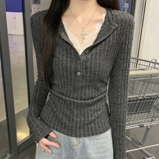 『大人が着たいアイテム』 ボタン レース 切り替え 無地 長袖 Tシャツ