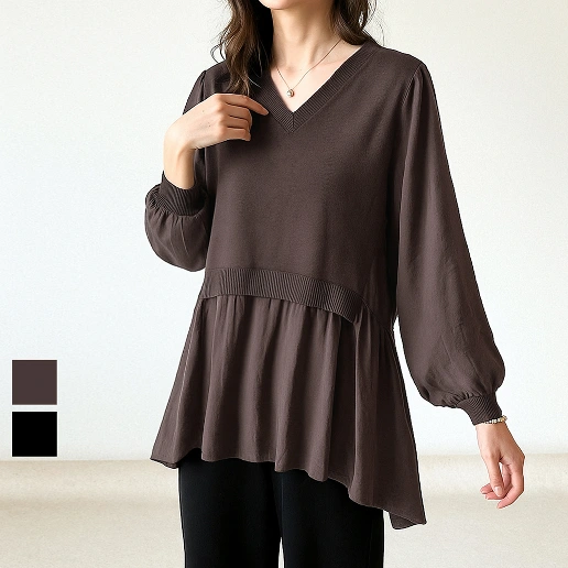 「今 着たい」 骨格ナチュラル Vネック 切り替え 長袖 無地 フェミニン ニットセーター