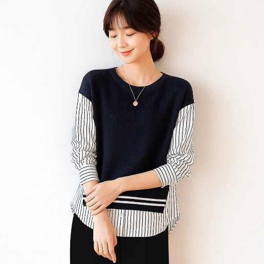 大人のお洒落をキャッチ! 配色 ストライプ柄 プリント 切り替え 長袖 カジュアル シャツ