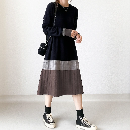大人可愛い 切り替え 長袖 ストレート 配色 ラウンドネック シンプル ニットワンピース