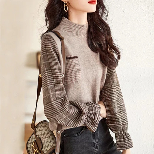トレンドを先取り♪ ハーフネック チェック柄 切り替え 長袖 プルオーバー シンプル ニットセーター