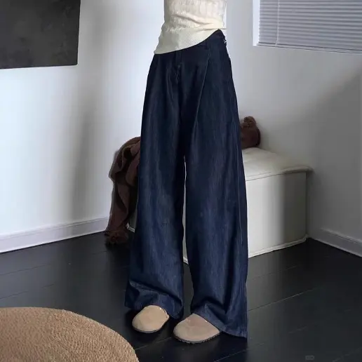 「No.1 人気商品」無地 デニム ハイウエスト ギャザー ロング丈 ファッション カジュアルパンツ