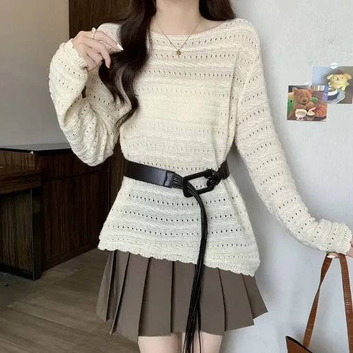 毎日参考になる！ ラウンドネック 無地 長袖 透かし編み ベルト付き ニットセーター