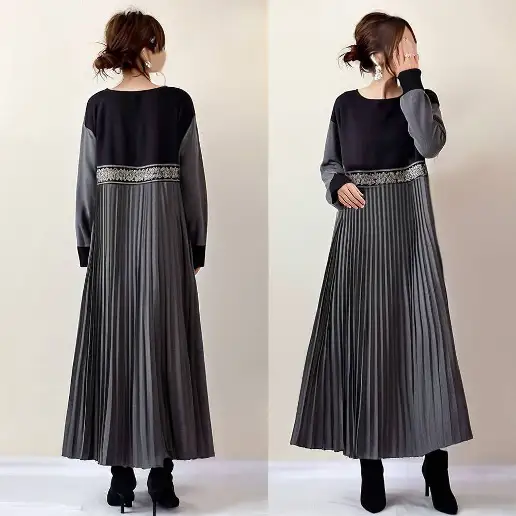 主役級 長袖 切り替え ギャザー 配色 刺繍 カジュアル カジュアルワンピース