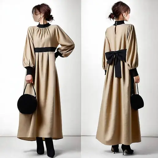 トレンドアイテム ボウタイ 配色 長袖 切り替え Aライン カジュアル 長袖ワンピース