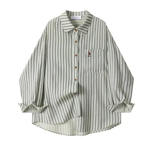 新商品 中長 ボタン ストライプ柄 折り襟 長袖 フェミニン シャツ