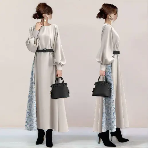 No.1 人気商品 配色 切り替え 花柄 ランタンスリーブ 長袖 エレガント ワンピース